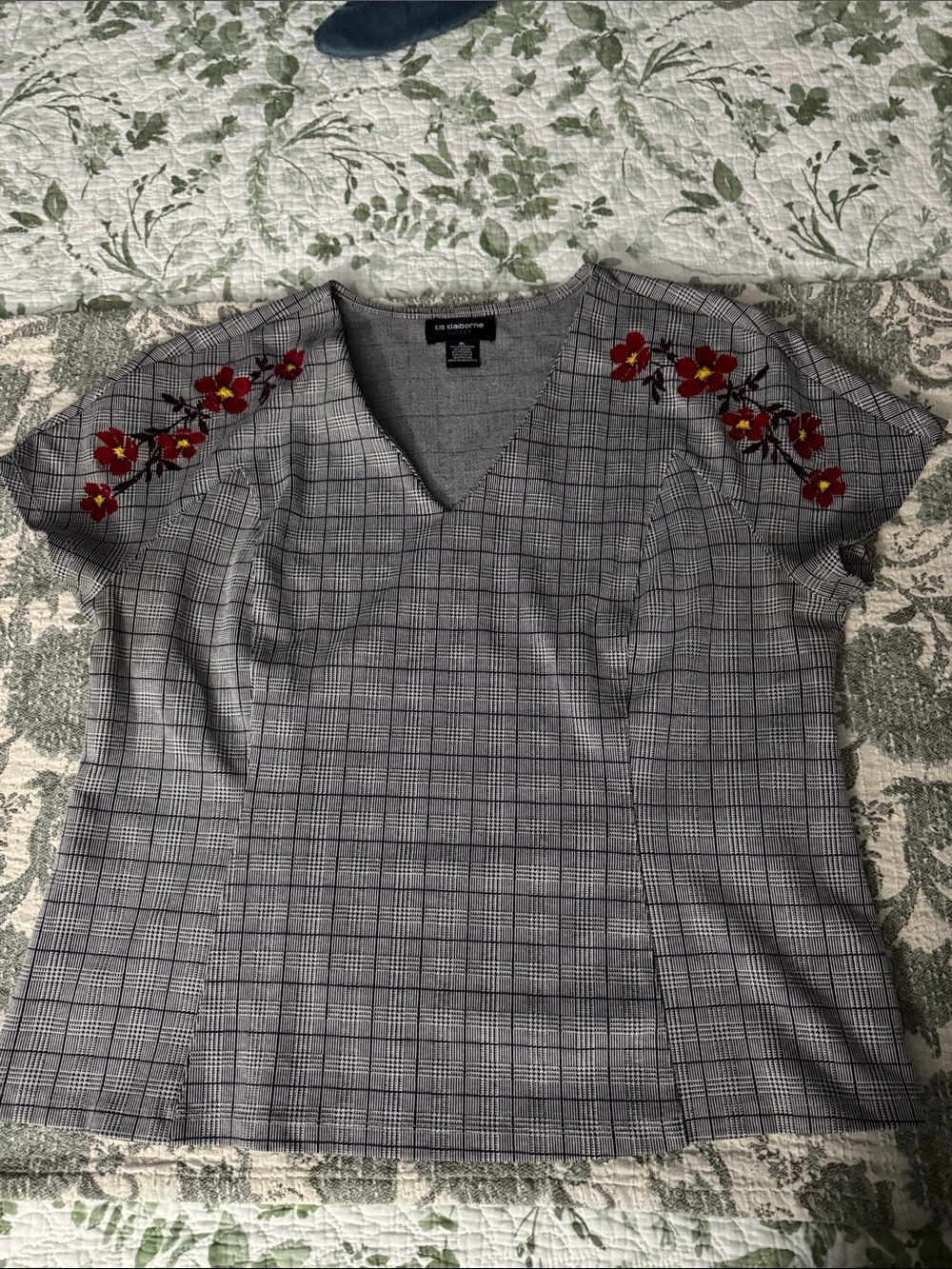 Liz Claiborne Gray Plaid V-Neck Top with Red Floral Shoulder Embroidery